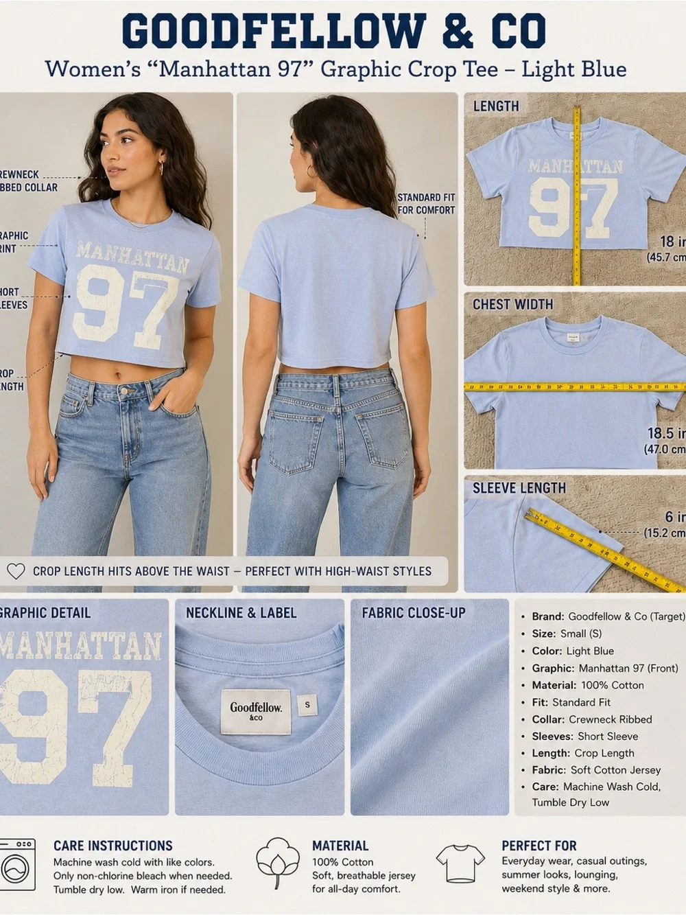 Goodfellow & Co Light Blue Manhattan 97 Crop Tee - Picture 1 of 7